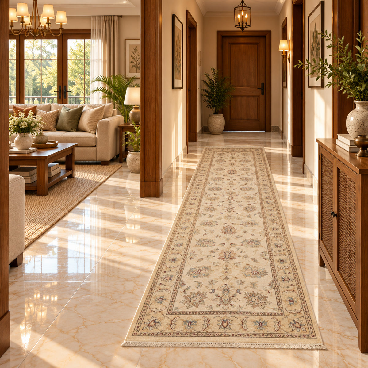 Ornate beige vintage-style runner rug with floral medallion border, fringe edges