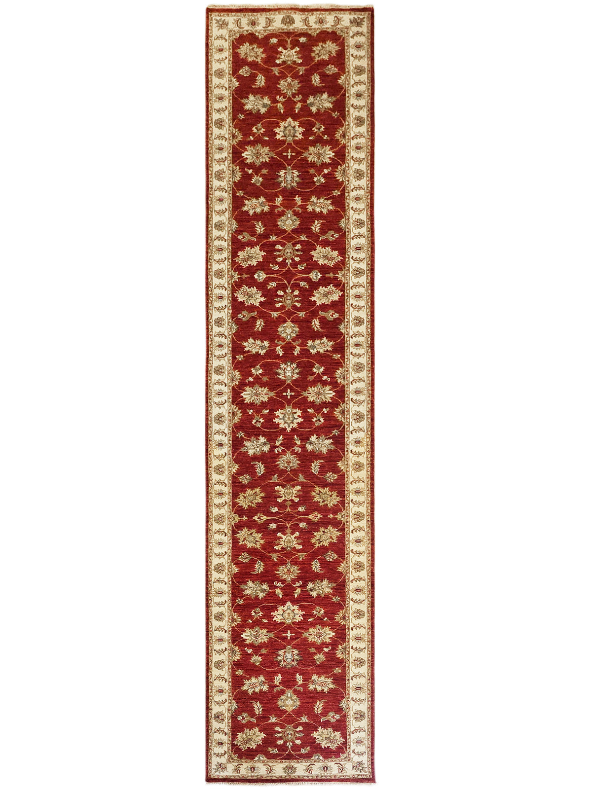 Red runner rug with cream border and repeating floral medallions, 489x80 cm