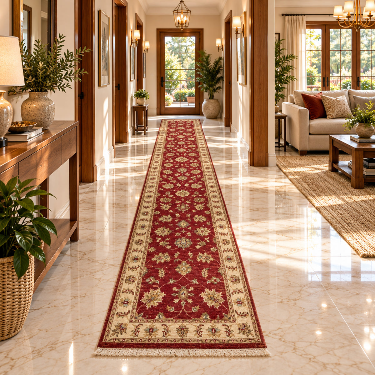 Red traditional runner rug with cream border and repeating floral pattern, 489x80 cm