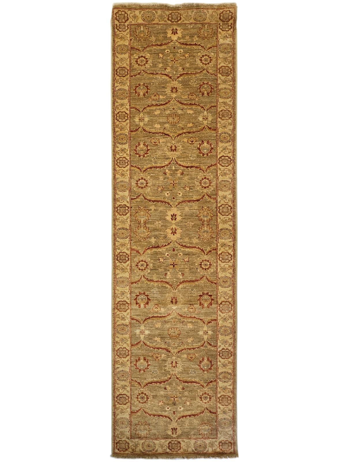 Vintage runner rug, narrow rectangular shape in beige with rust floral and border pattern