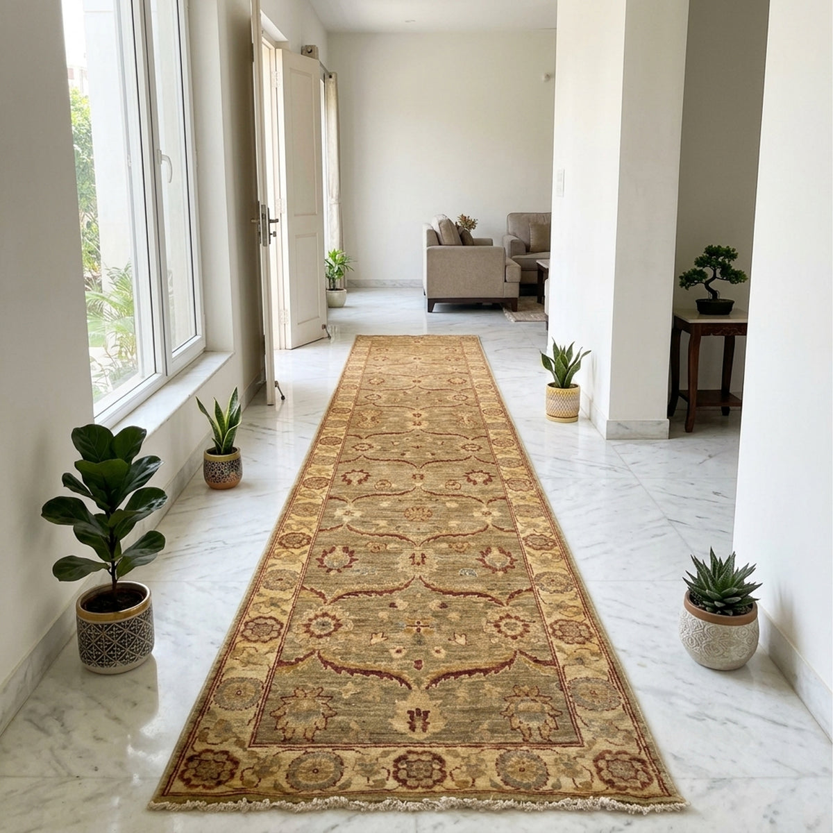 Vintage runner rug in a bright living room hallway, beige with rust floral medallion pattern